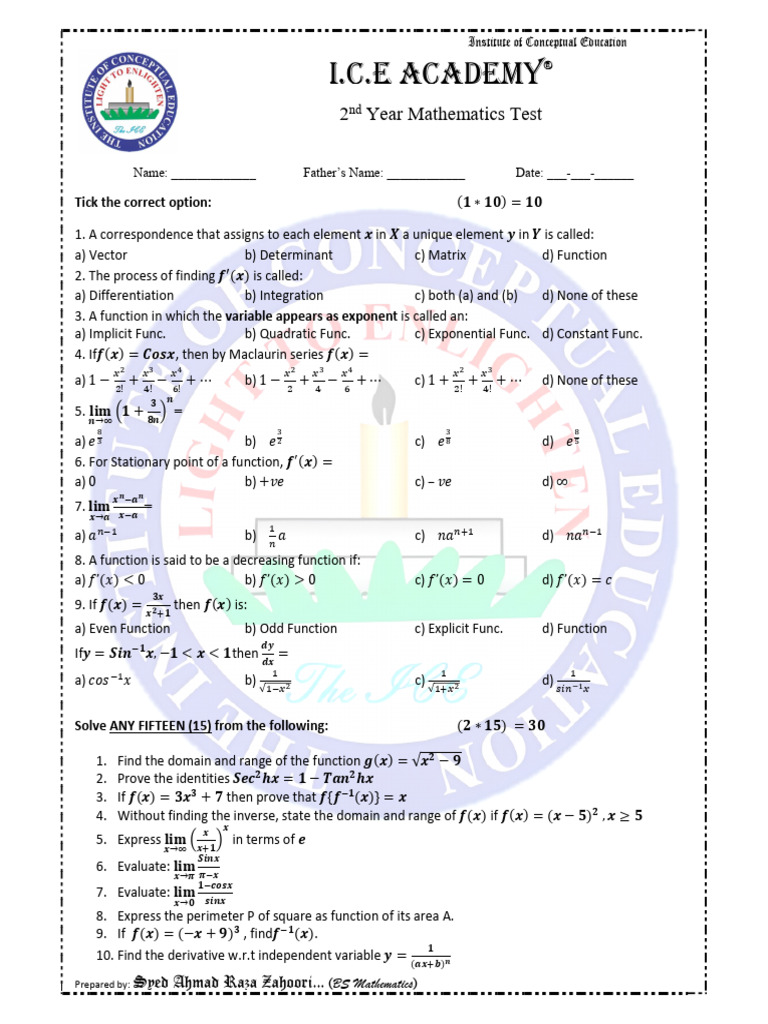 2nd Year Mathematics Test | PDF | Function (Mathematics) | Mathematical ...