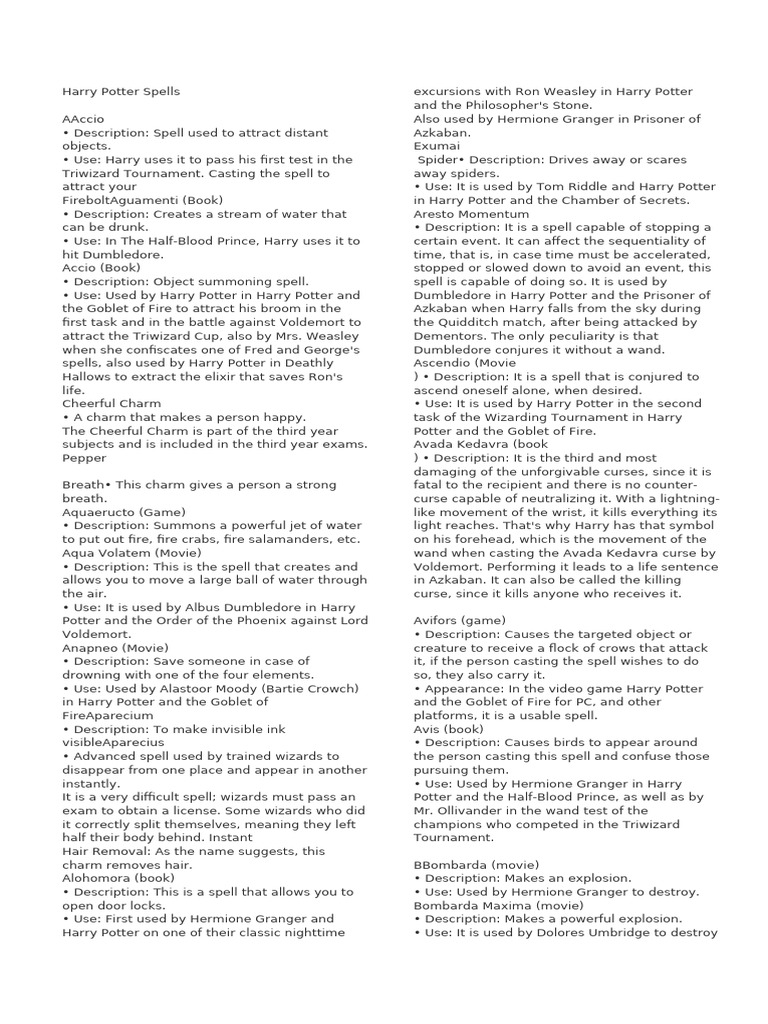 Overview of Harry Potter Spells | PDF | Fantasy Novel Series ...
