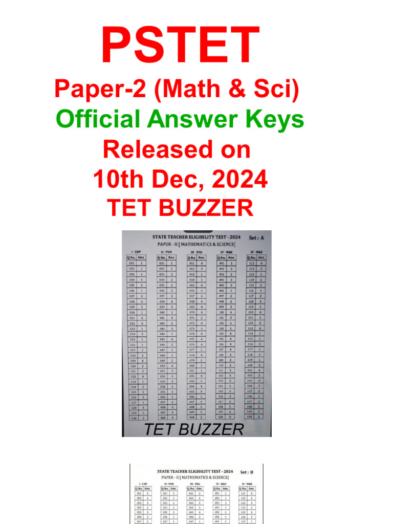 PSTET 2024 Official Answer Keys (Paper-2) Math & Sci | PDF