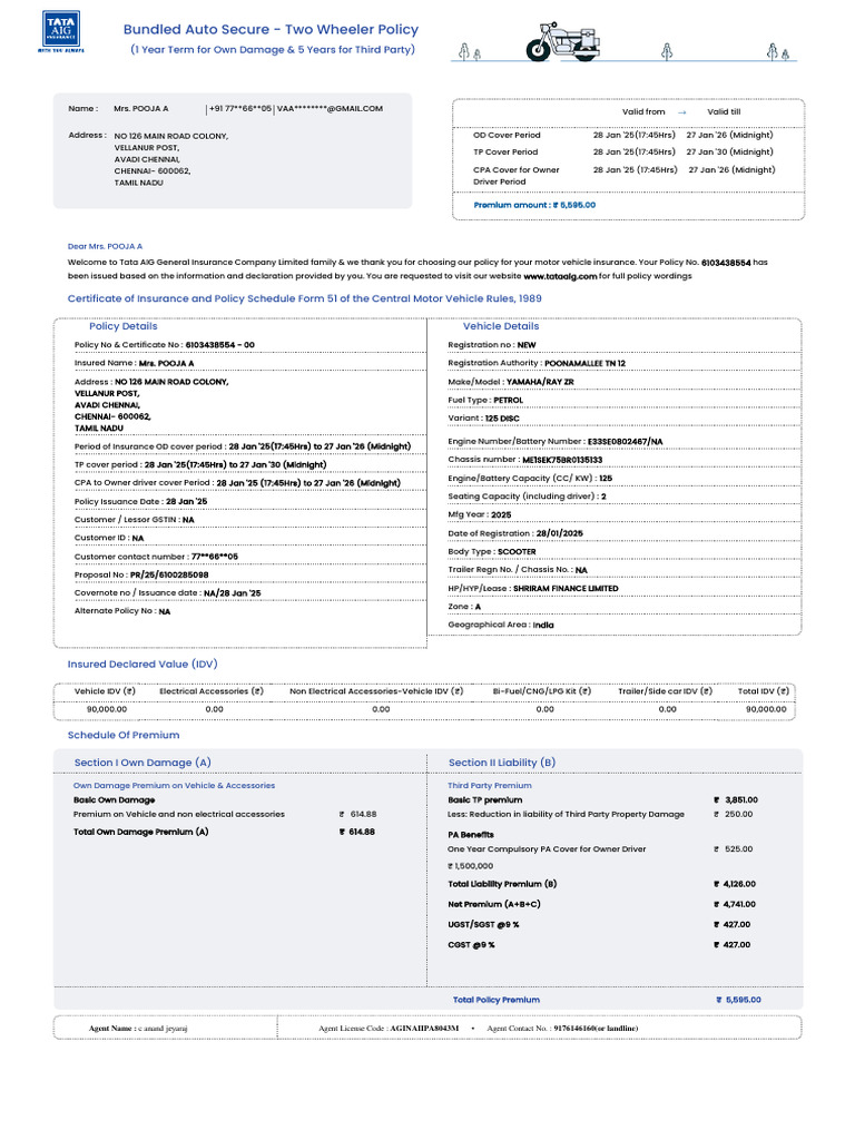 Tata AIG Two-Wheeler Insurance Policy | PDF | Insurance | Receipt