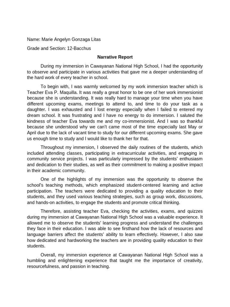 narrative report | PDF | Teachers | Cognition
