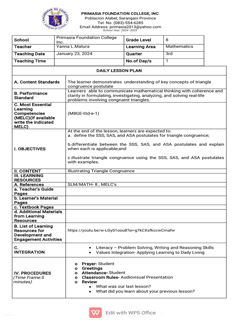 Triangle Congruence Lesson Plan | PDF | Human Communication | Education ...