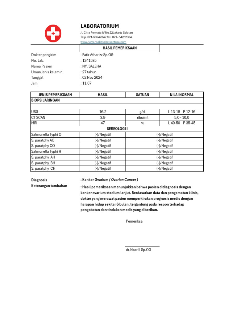Hasil Lab Kanker Ovarium Pasien Saleha | PDF
