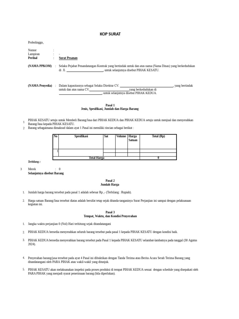 Surat Pesanan Barang Dinas ABC | PDF