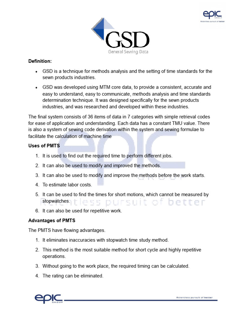GSD Method for Garment Time Standards | PDF | Sewing | Data