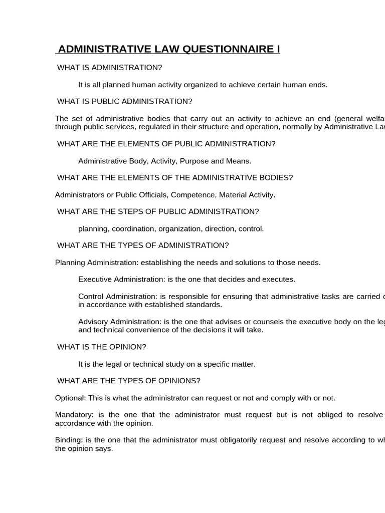 Administrative Law Questionnaire I | PDF | Administrative Law | Hierarchy