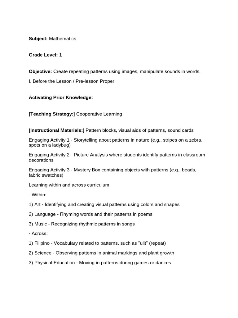 First Grade Patterns Lesson Plan | PDF | Pattern | Rhythm