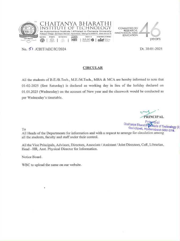 Working Day Circular | PDF