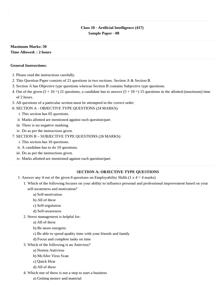 Class 10 AI Sample Paper 2023-24 | PDF | Machine Learning | Statistical ...