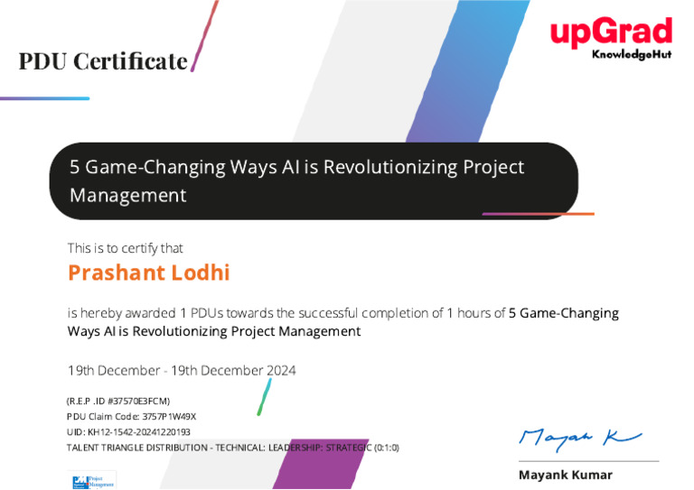 PDU Certificate for AI in Project Management | PDF