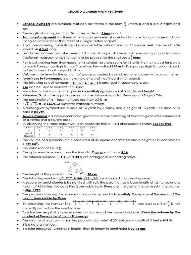 Second Quarter Math Concepts Review | PDF | Volume | Area