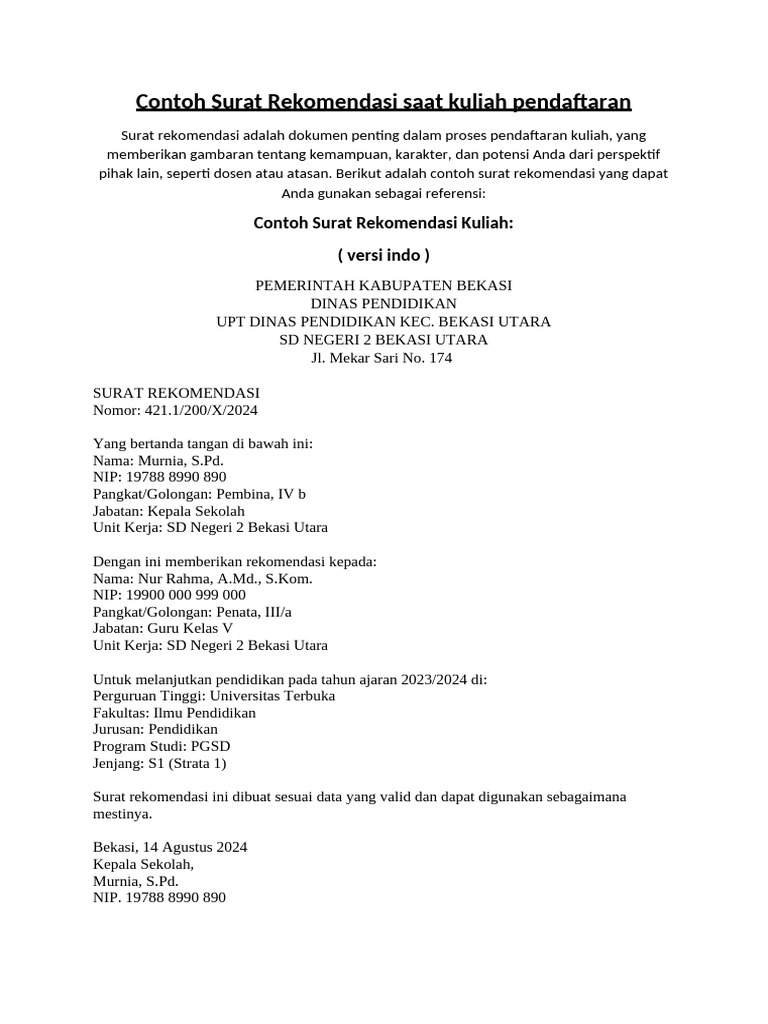 Contoh Surat Rekomendasi Kuliah | PDF