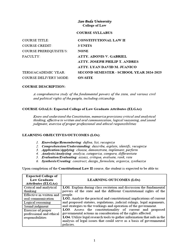 Constitutional Law II - Syllabus (SY 2024-25) | PDF | Eminent Domain ...