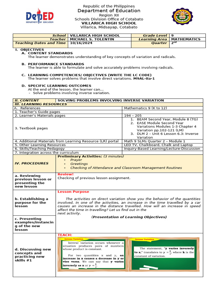 Inverse Variation Lesson Plan for Grade 9 | PDF | Learning | Pedagogy