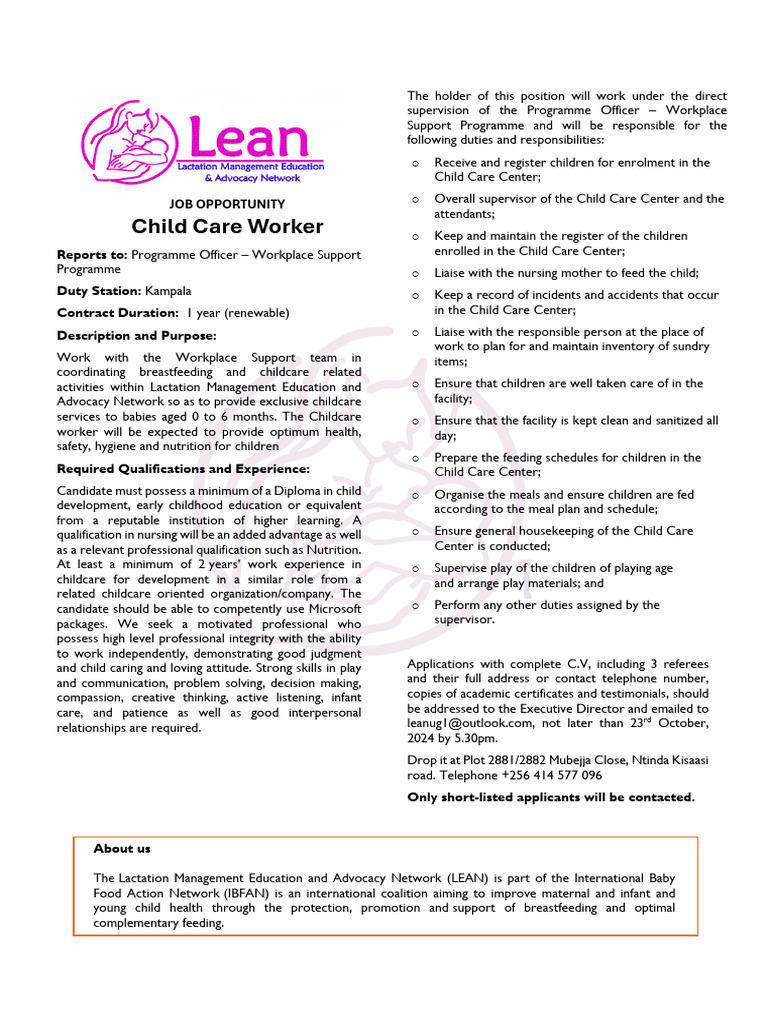 Child Care Worker Job in Kampala | PDF | Child Care | Breastfeeding