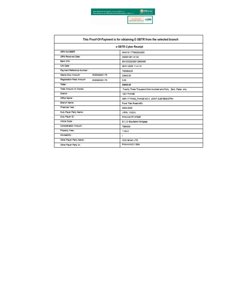 E-SBTR Payment Proof for Thane Property | PDF
