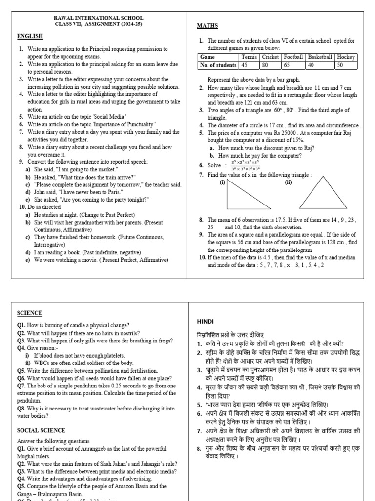 Class VII Assignment 2024-25 Overview | PDF | Area | Length