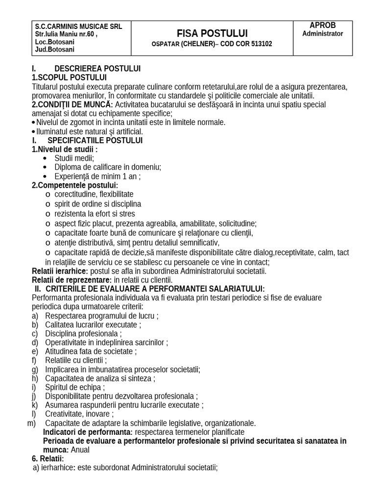 Fisa Postului Ospatar | PDF