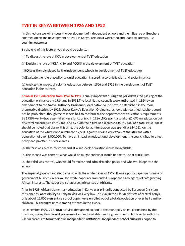 TVET Education Development in Kenya 1926-1952 | PDF | Kenya