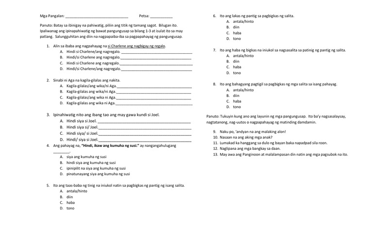 pagsasanay para sa grade 6