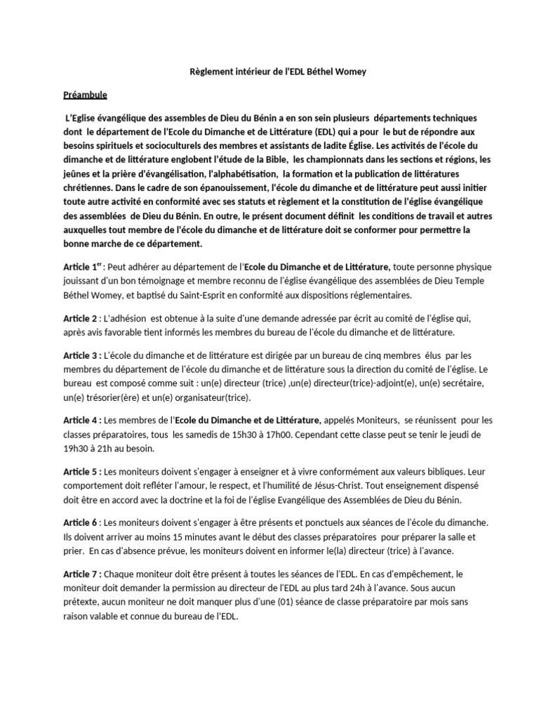 Règlement Intérieur de l'EDL Béthel | PDF | École du dimanche | Église ...