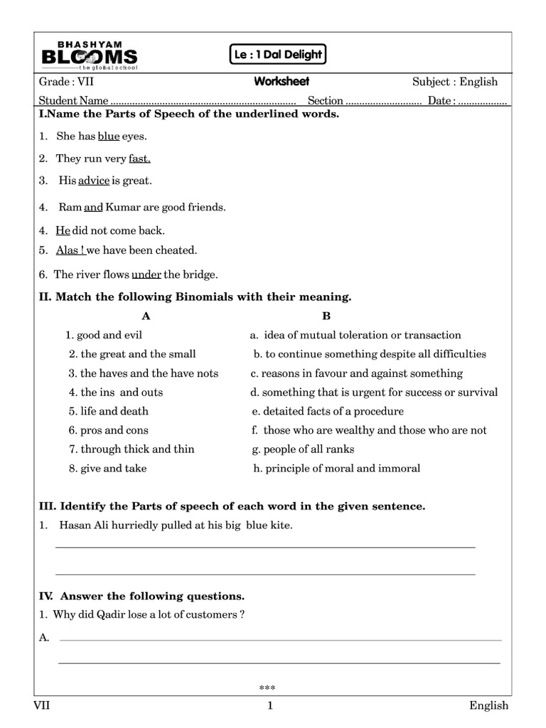 VII-English (UT-1) WS | PDF
