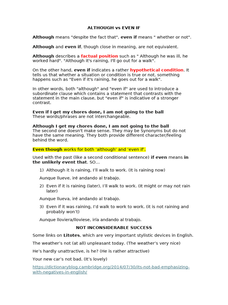 Distinguishing Although and Even If | PDF