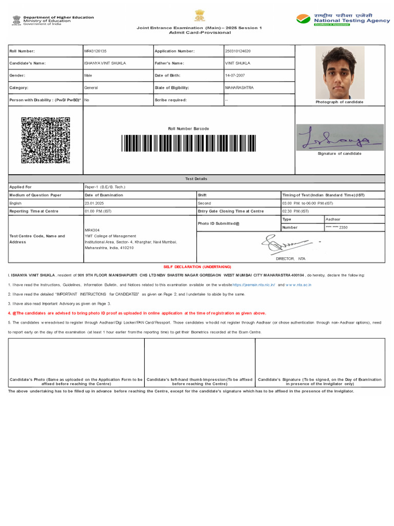 Application Details for NTA 250310124620 | PDF