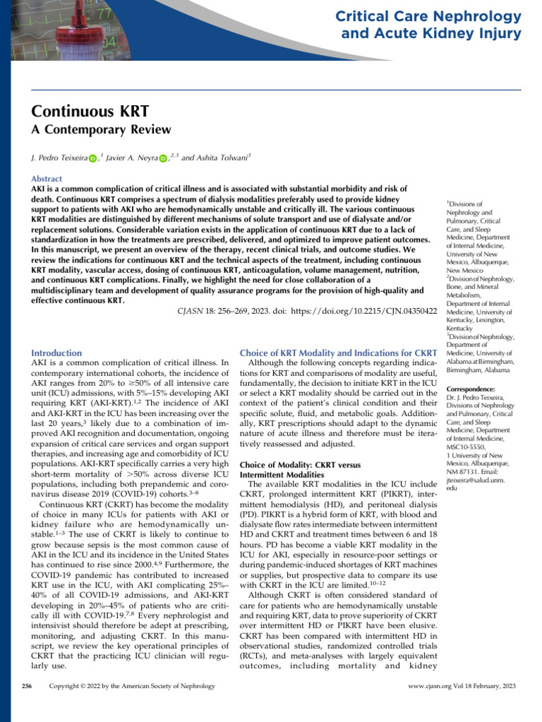 Continuous KRT in Critical Care Nephrology | PDF | Hemodialysis ...