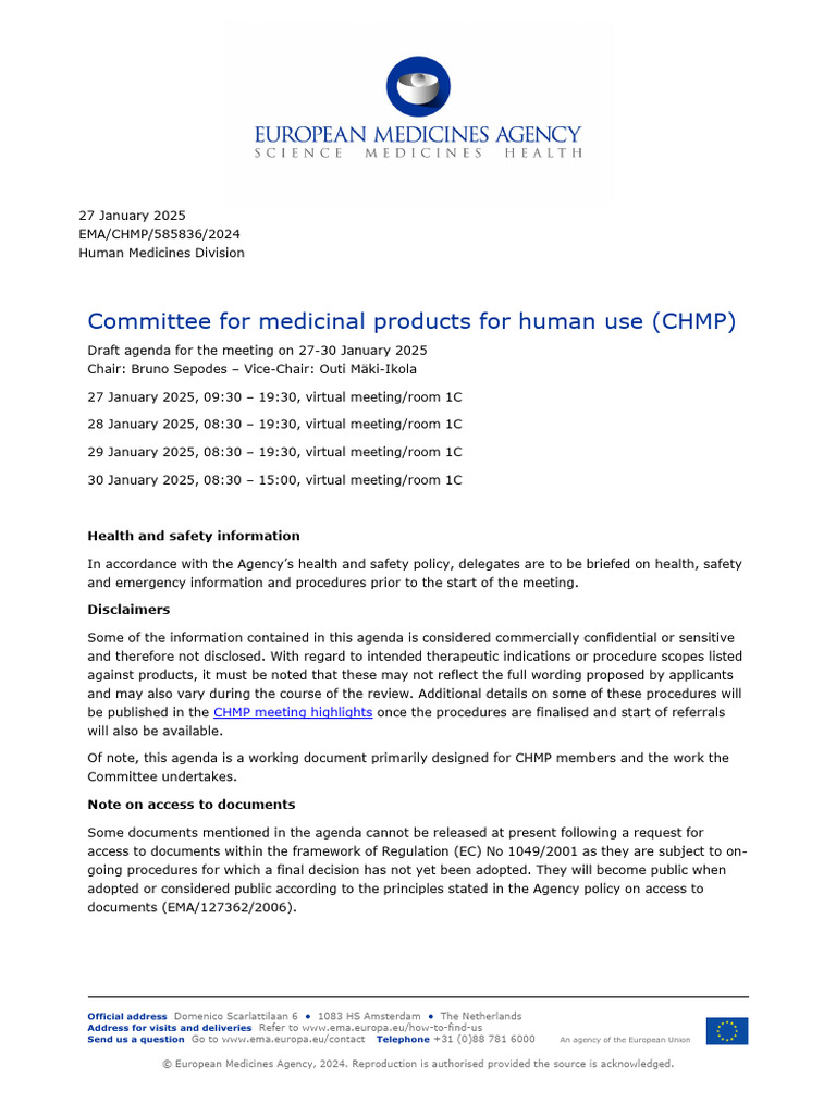 CHMP Meeting Agenda January 2025 | PDF | Clinical Medicine | Pharmacology