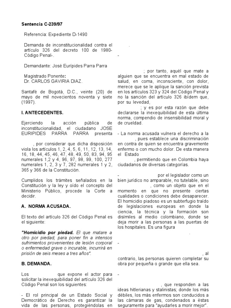 Análisis de la Sentencia C-239/97 | PDF | Homicidio | Derecho penal
