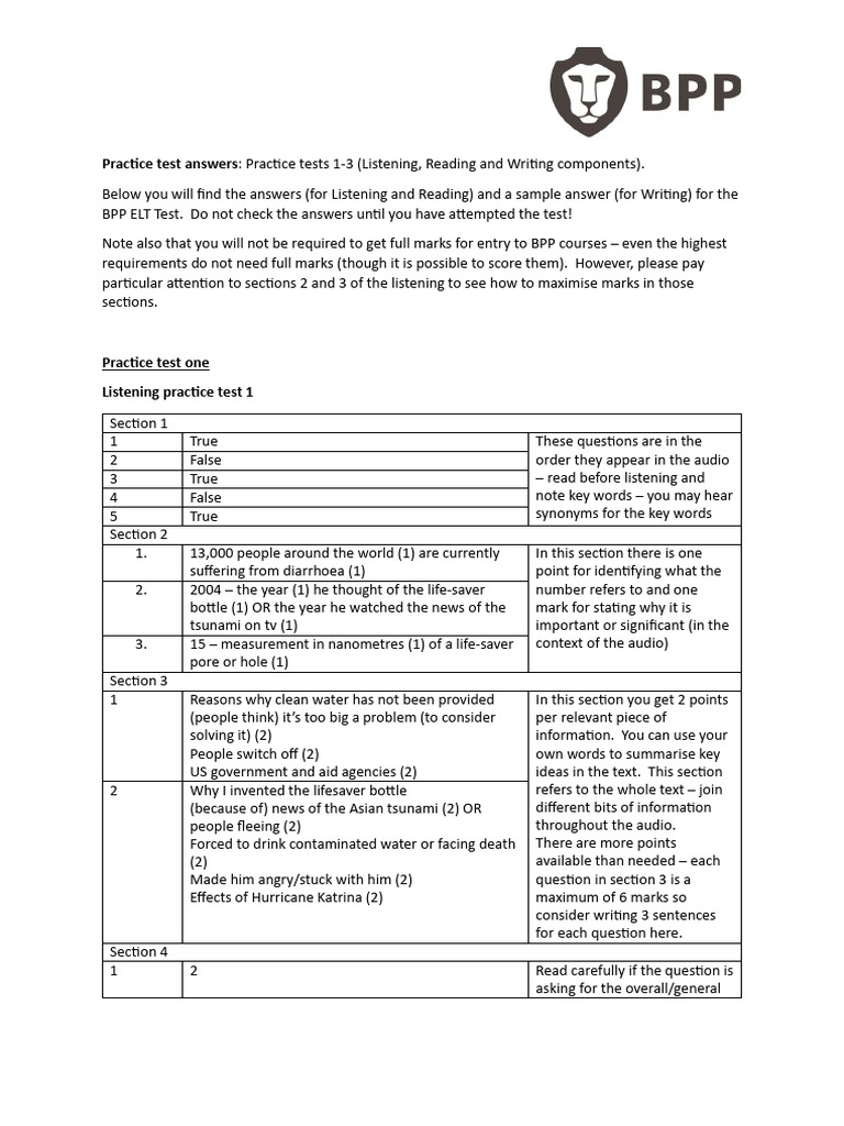 BPP ELT Test Practice Answers Guide | PDF | Happiness | Homework