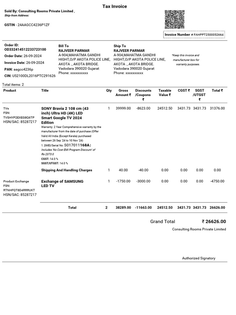 Sony Bravia 2 Bill | PDF | Payments