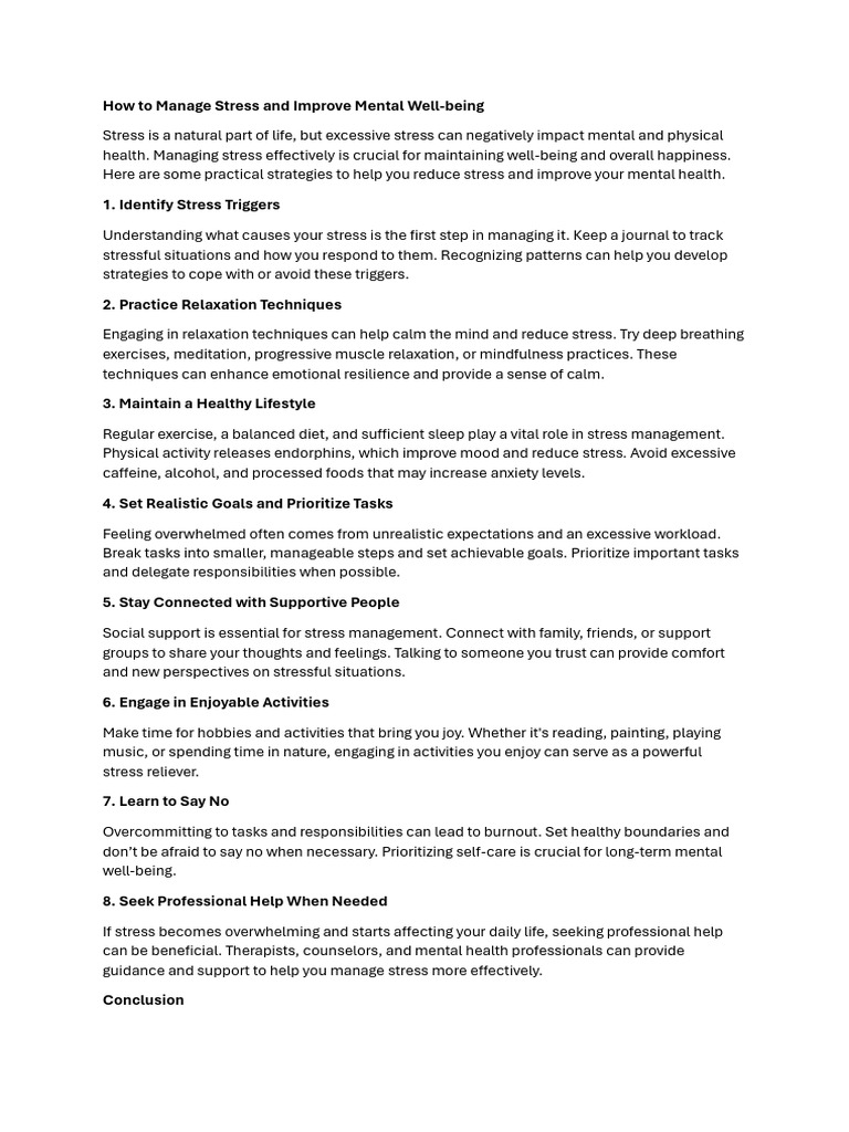 How To Manage Stress and Improve Mental Well-Being | PDF | Relaxation ...