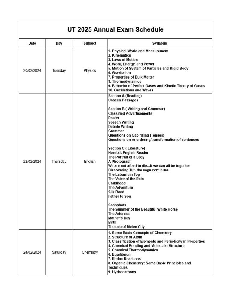 UT 2025 Annual Exam Schedule 2023-2024 | PDF | Chemistry | Physical ...