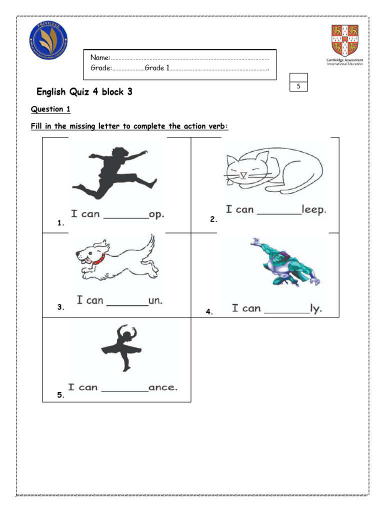 English Quiz 4 Block3 Grade 1 Pdf