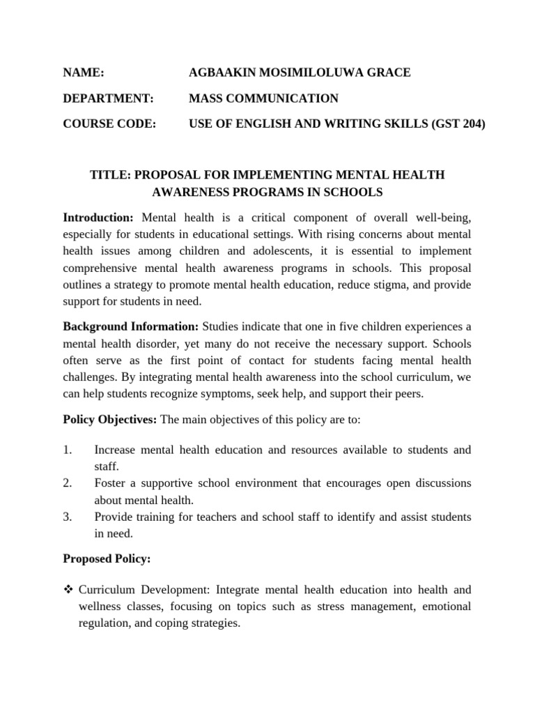Mental Health Awareness in Schools Proposal | PDF | Mental Health ...