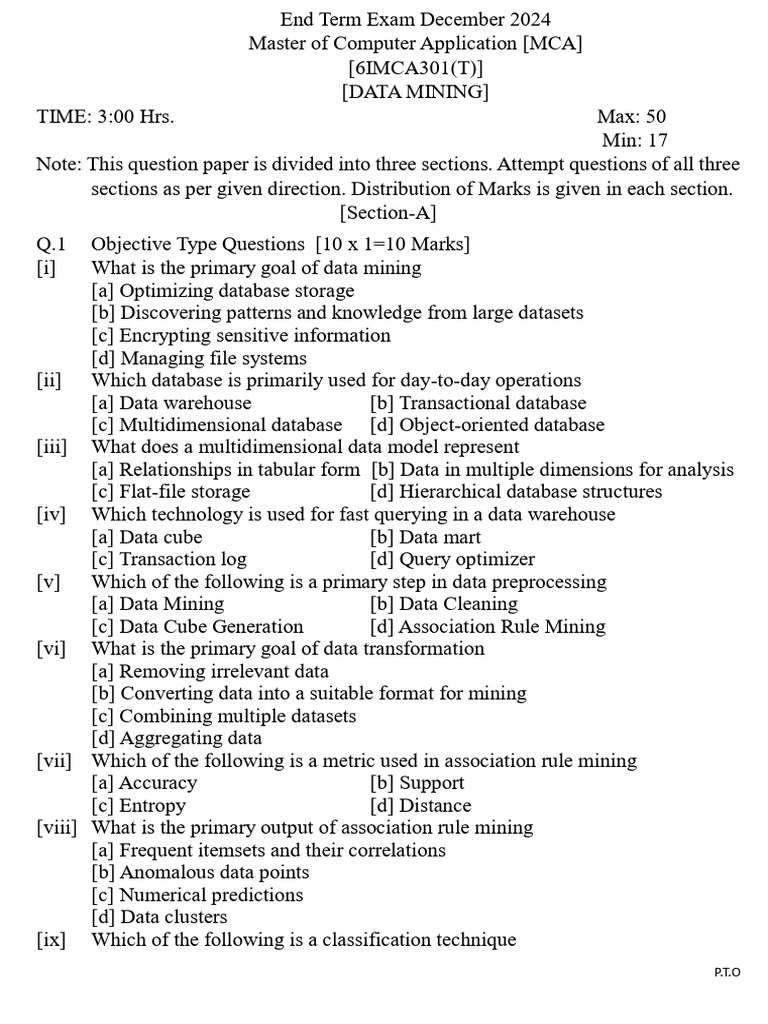 MCA Data Mining Exam December 2024 | PDF | Databases | Cluster Analysis