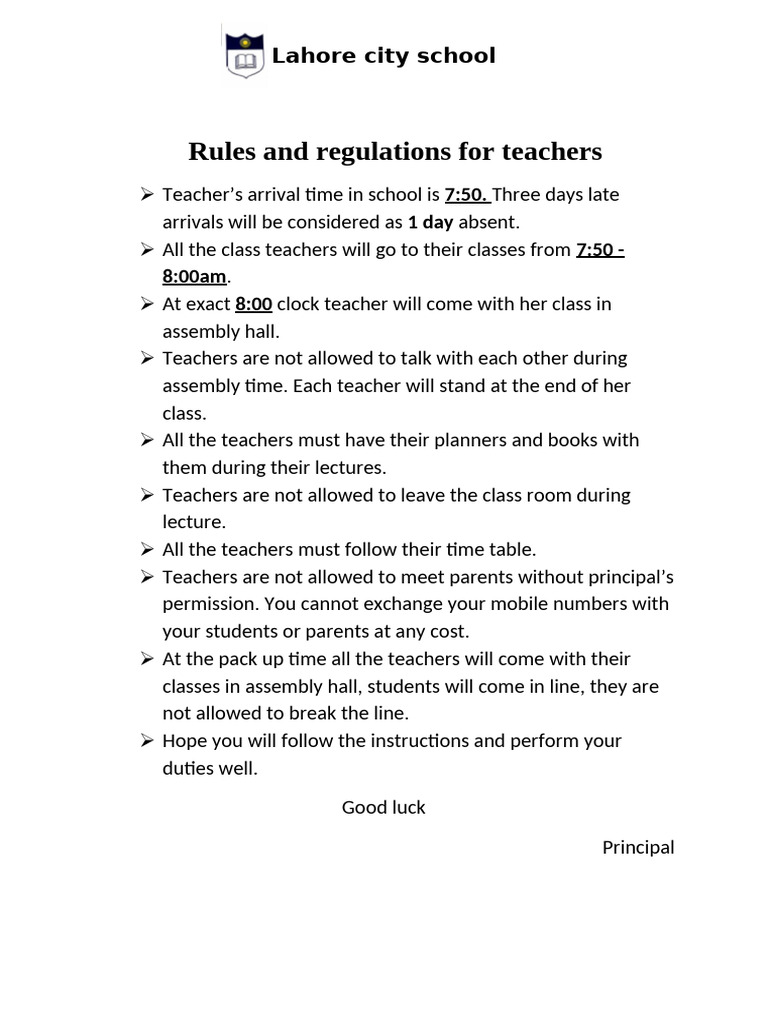 Rules and Regulations Letter For Teacher | PDF