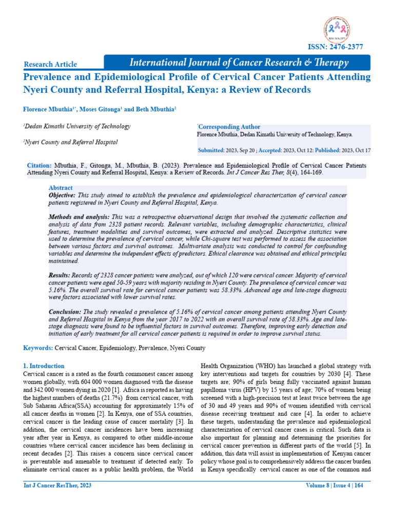 Cervical Cancer Prevalence in Nyeri, Kenya | PDF | Cervical Cancer | Cancer