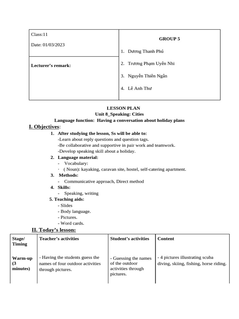 Lesson Plan Nhóm 5 PART 2 | PDF | Question | Learning