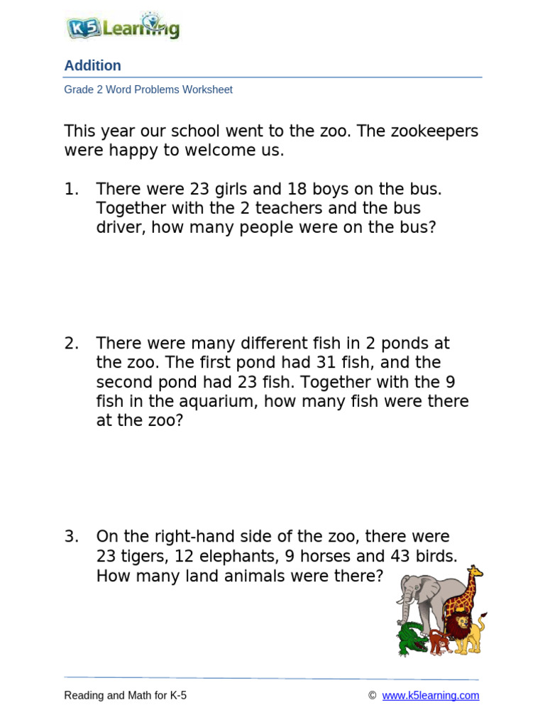 Grade 2 Zoo Word Problems Worksheet | PDF