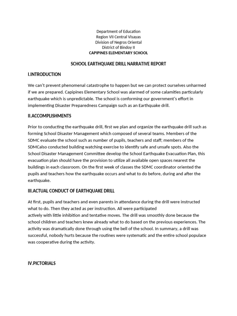 Capipines Elementary School Earthquake Drill Report | PDF