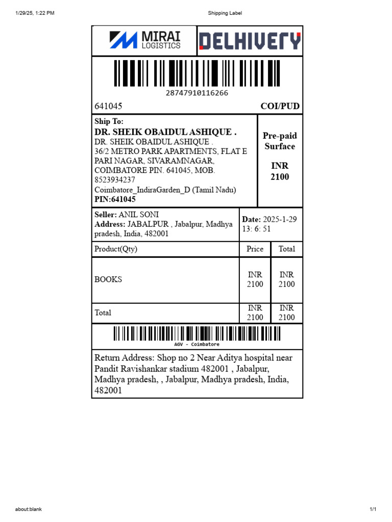 Shipping Label for Book Order 641045 | PDF