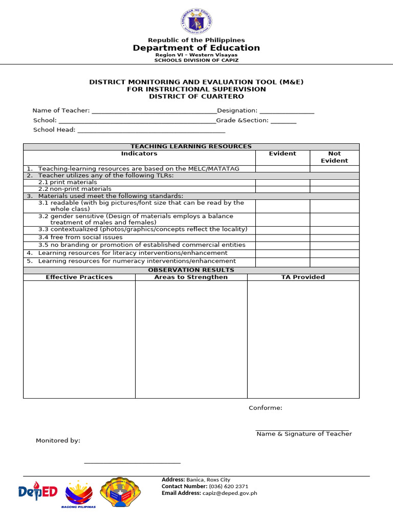 District M&E Tool for Instructional Supervision | PDF | Teachers | Learning
