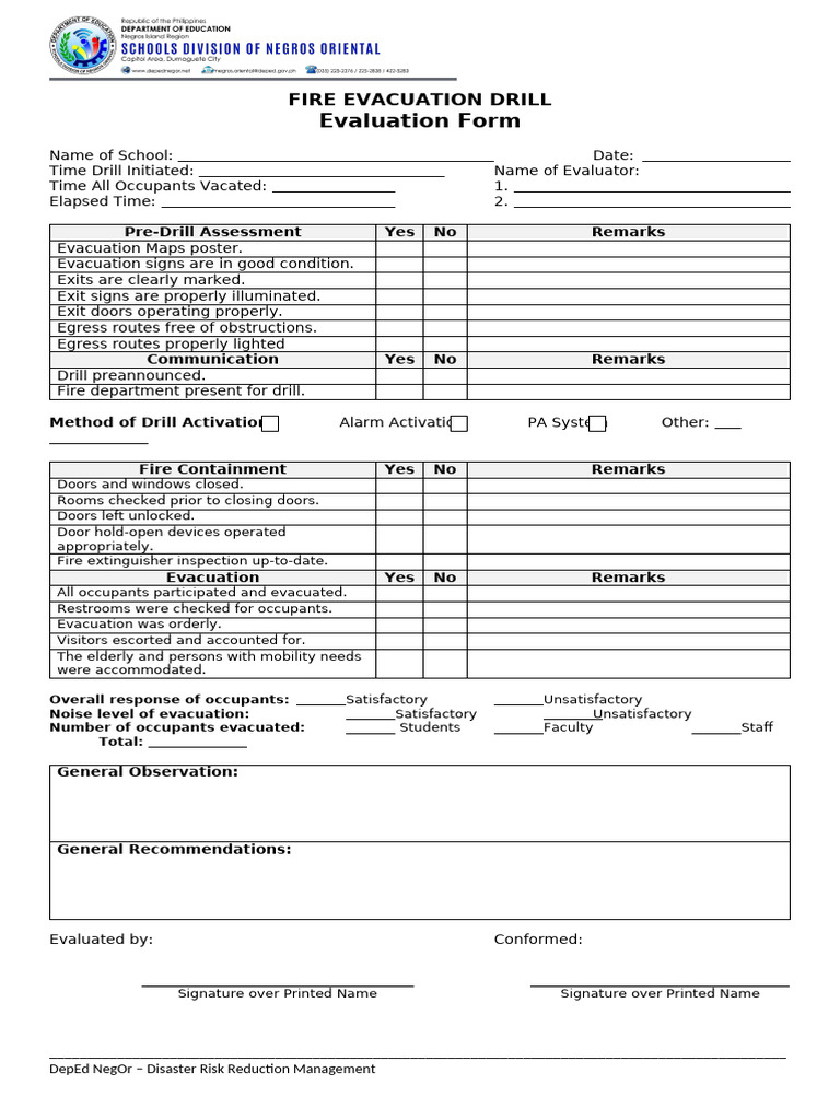 Fire Evacuation Drill Evaluation Form | PDF