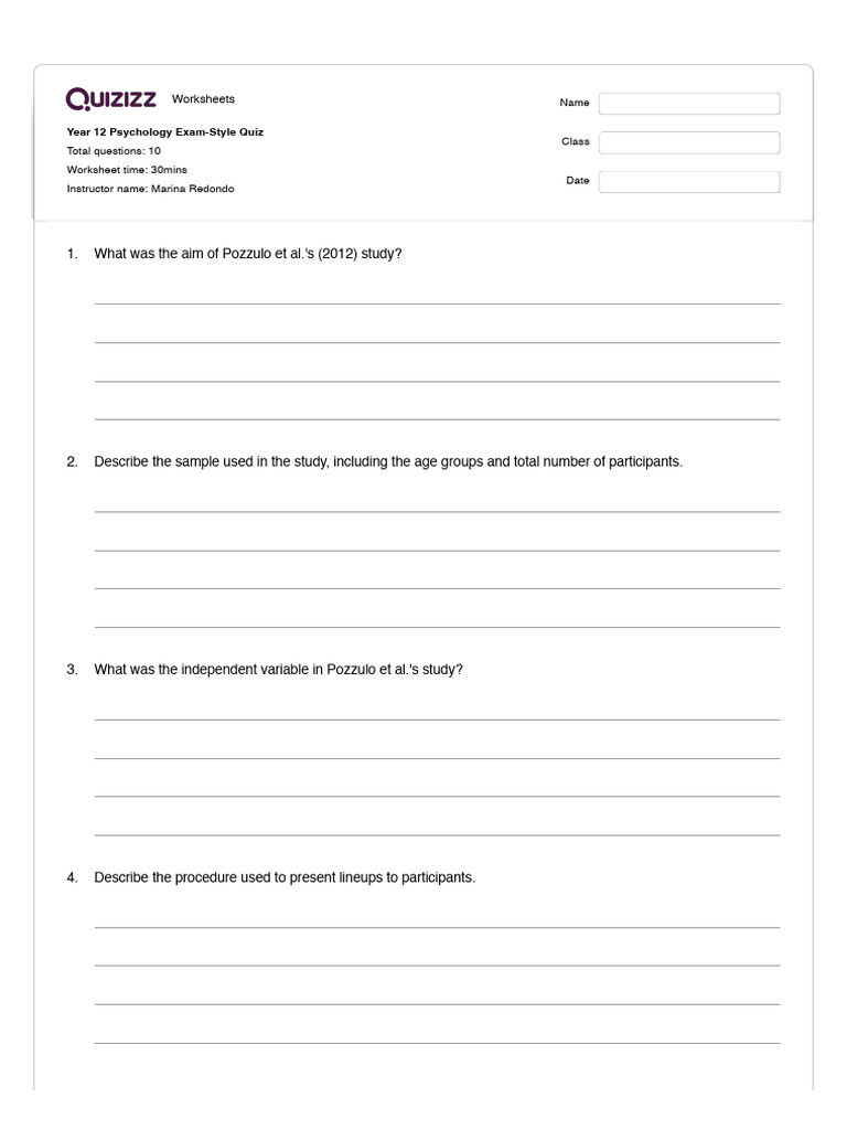 Year 12 Psychology Quiz on Pozzulo Study | PDF