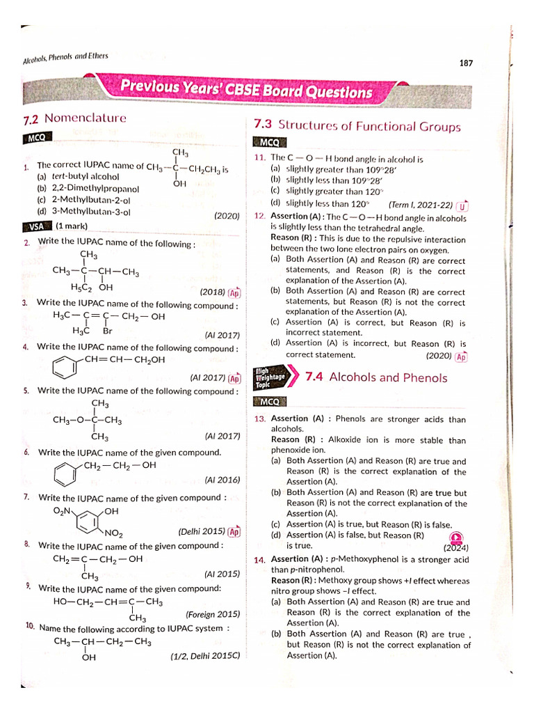 PYQs of Alcohols, Phenol and Ethers with Solutions | PDF