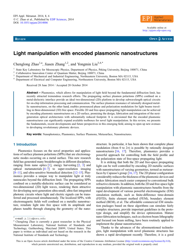 Encoded Plasmonic Nanostructures for Light Manipulation | PDF | Plasmon ...