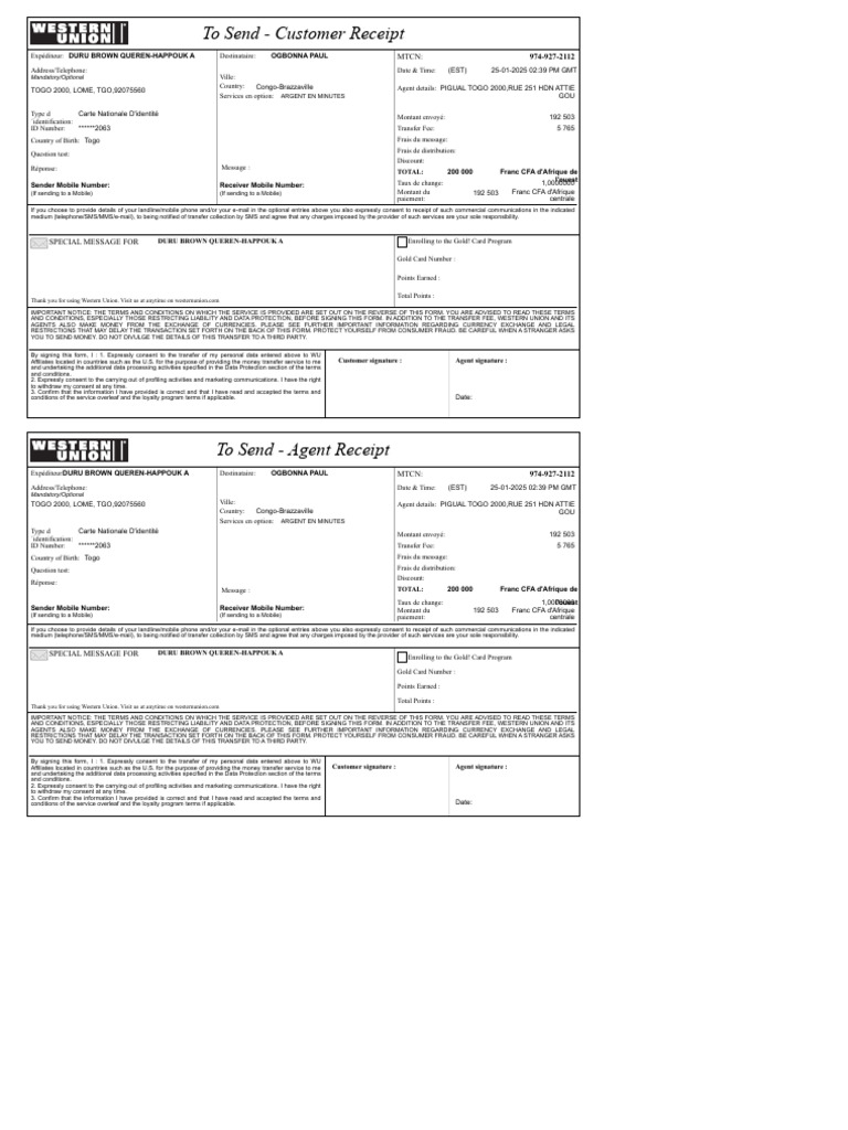 Reçu QUEREN-1 | PDF | Western Union | Money
